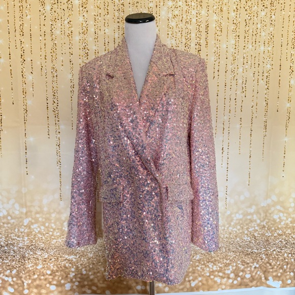 Elegant Oversized Pink Sequin Blazer Dress Blazers & Suit Jackets Elegant Oversized Pink Sequin Blazer Dress Blazers & Suit Jackets